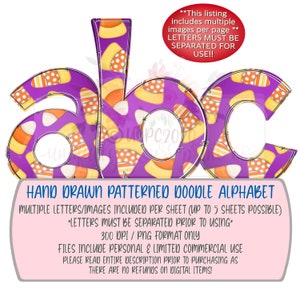 Purple Candy Corn doodle alphabet set | lowercase only| Hand drawn | Printable | PNG | Sublimation | Digital Design |