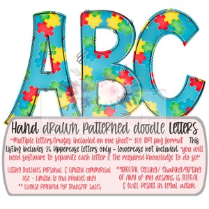 Autism doodle alphabet set | blue puzzle alpha | Hand drawn | Printable | PNG | Sublimation | Inkjet Printable | Digital Design |