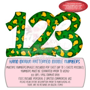 Green and yellow faux stitch Leopard patterned number set | Hand drawn | Printable | PNG | Sublimation | Inkjet Printable | Digital Design |