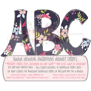 Navy, pink and lime floral uppercase doodle alphabet set | Hand drawn | Printable | PNG | Sublimation | Inkjet Printable | Digital Design |