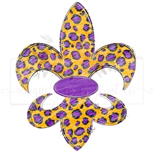 Oro con flor de lis leopardo púrpura / Luisiana / Diseño imprimible / Descarga digital / PNG / Sublimación / Dibujado a mano /