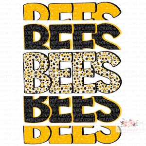 May include: A vertical design with the word "DEES" repeated five times in a black and yellow leopard print pattern. The word "BEES" is repeated twice in the middle of the design, also in a black and yellow leopard print pattern.