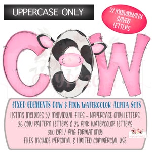 Cow & Watercolor Pink Alpha Set| 56 Individually saved files | png | hand drawn | sublimation | digital design download