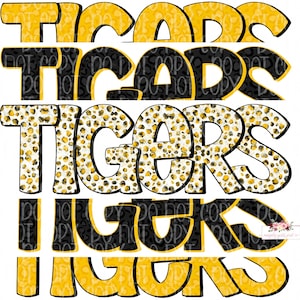 Tigers Digital Design | Gold and Black Tigers Mascot | Stacked cheetah tie dye & leopard | Digital Download | Hand Drawn | PNG |