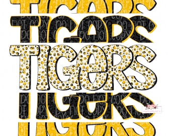 Tigers Digital Design | Gold and Black Tigers Mascot | Stacked cheetah tie dye & leopard | Digital Download | Hand Drawn | PNG |