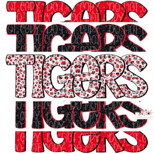 Tigers Digital Design | Tigers Mascot | Stacked cheetah tie dye & leopard | Digital Download | Hand Drawn | PNG | Red and Black