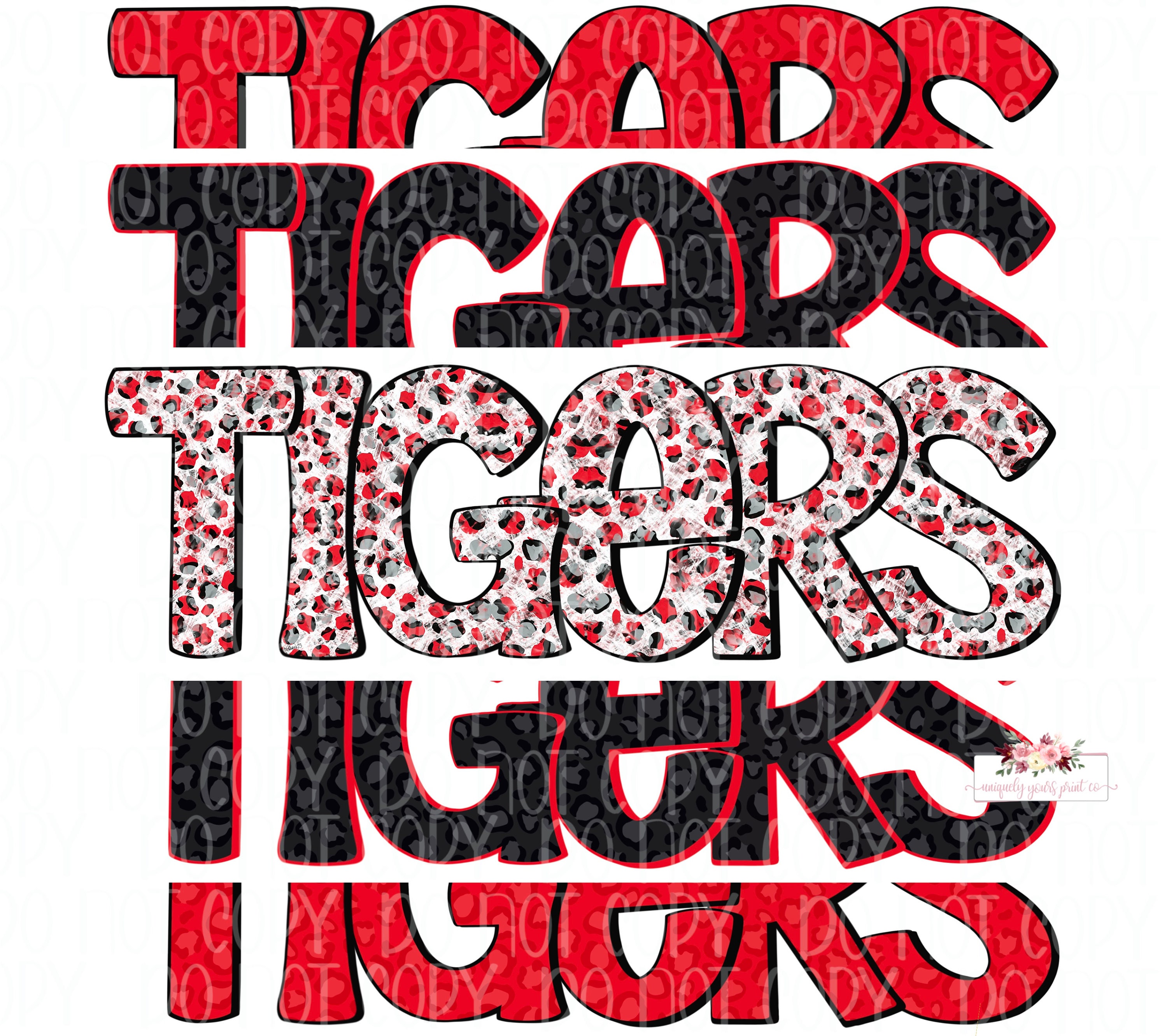 Tigers Digital Design | Tigers Mascot | Stacked cheetah tie dye & leopard | Digital Download | Hand Drawn | PNG | Red and Black