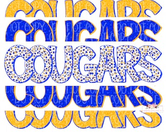 Cougars Digital Design | Royal Blue and Gold Cougars Mascot | Stacked cheetah tie dye & leopard | Digital Download | Hand Drawn | PNG |