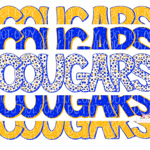 Cougars Digital Design | Royal Blue and Gold Cougars Mascot | Stacked cheetah tie dye & leopard | Digital Download | Hand Drawn | PNG |