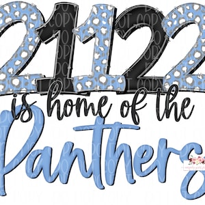 Puede incluir: Un diseño gráfico azul y negro con el texto "2122 is home of the Panthers". Los números 21 y 22 están delineados en negro y tienen un patrón de leopardo blanco y azul.