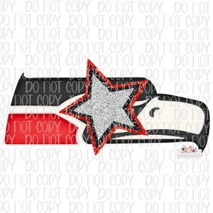 May include: A black and red eagle head with a silver glitter star on top. The eagle head is a popular sports team logo.