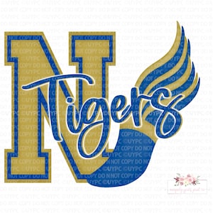 NHS Tigers atletiek digitaal ontwerp | Koningsblauwe en gouden mascotte | varsity N | Digitale download | Handgetekend | png