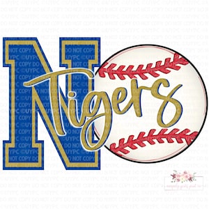 NHS Tigers honkbal digitaal ontwerp | Koningsblauwe en gouden mascotte | varsity N | Digitale download | Handgetekend | png