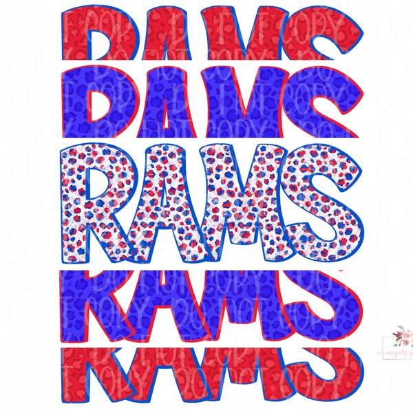 Rams Digital Design | Rams Mascot | Stacked cheetah tie dye & leopard | Digital Download | Hand Drawn | PNG | Red and Royal Blue