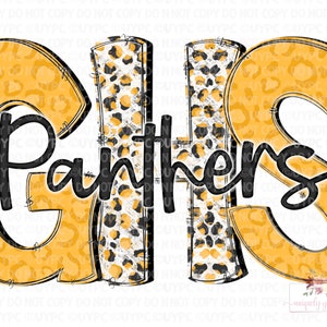 May include: A graphic design featuring the word "Panthers" in black script over the letters "CHS". The letters are outlined in black and filled with a yellow leopard print pattern. The background is white.