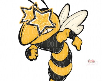 Preppy Star Eyed Mascot |  Black & Yellow Gold Jackets Hornets mascot digital design | Hand drawn | School Spirit | Printable Download |