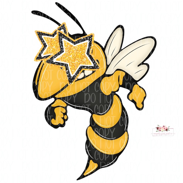 Preppy Star Eyed Mascot / Black & Yellow Gold Jackets Hornets mascota diseño digital / Dibujado a mano / School Spirit / Imprimible Descargar /