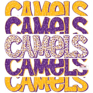 Camels Digital Design | Camel School Mascot | Stacked cheetah tie dye & leopard | Digital Download | Hand Drawn | PNG | Purple and Gold