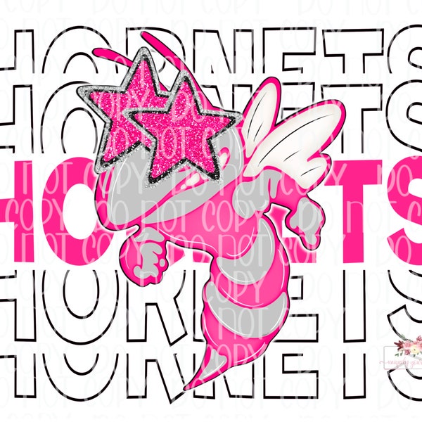 Hornets Stack Pink & Grey Preppy Mascot diseño digital / rosa caliente / Octubre / Mascota dibujada a mano / Espíritu escolar / Descarga imprimible