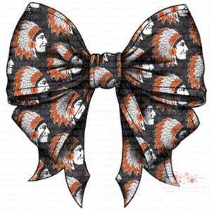 May include: A black and orange bow with a pattern of Native American headdresses. The headdresses are white and orange with a black and white face inside. The letter "A" is on the headdress.