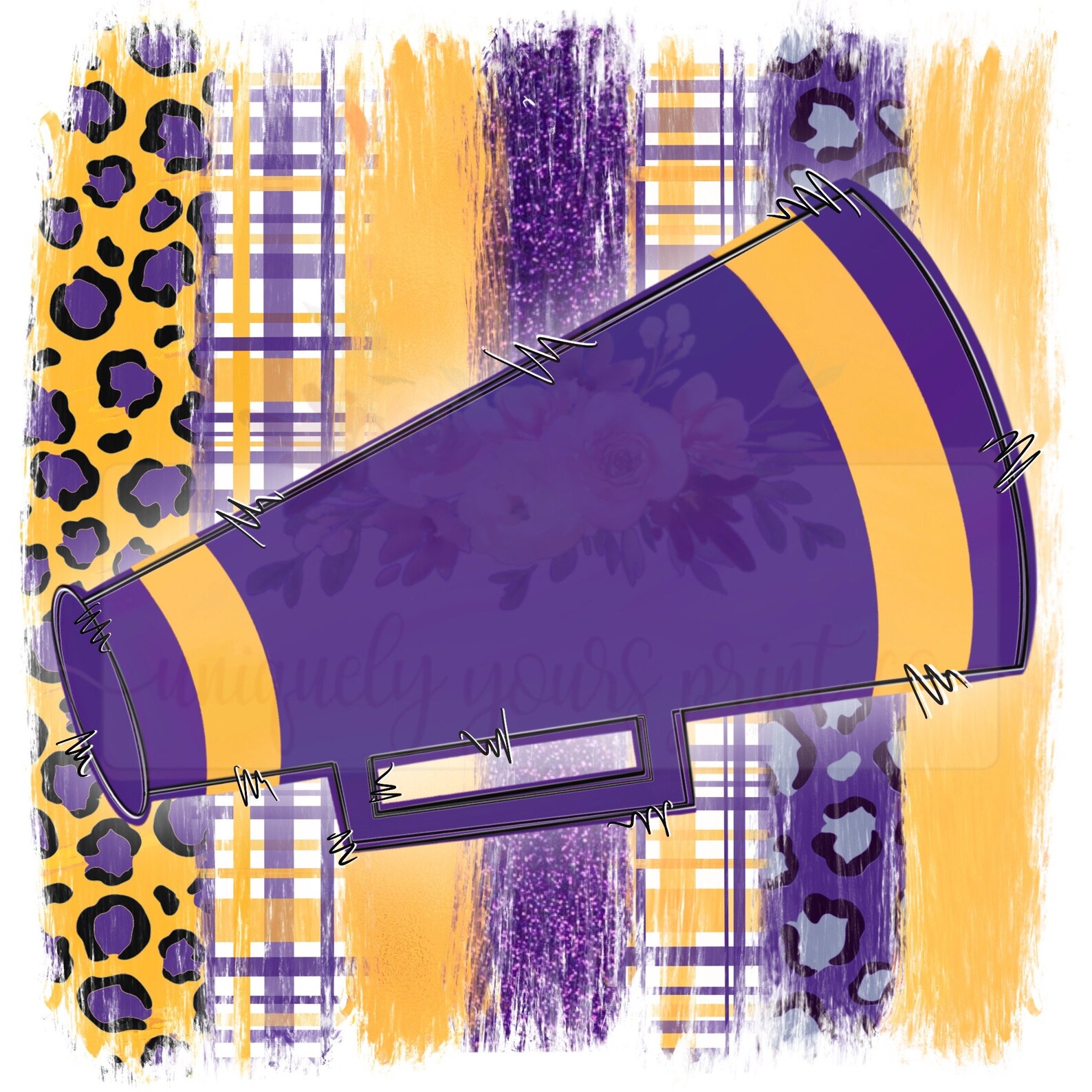 Purple & Gold Brushstroke Megaphone PNG Cheer Hand Drawn Design Sublimation School Spirit