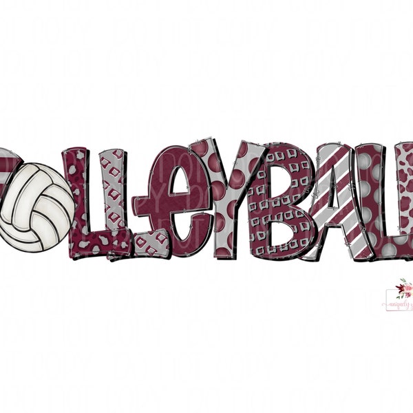 Maroon and Gray Volleyball Digital Design Download | Hand drawn | PNG | Sublimation | Printable Download