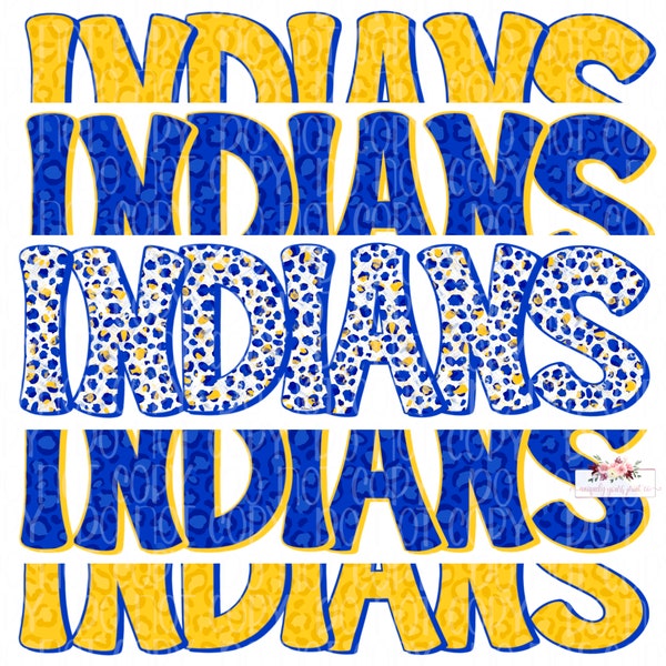 Indians Digital Design | School Mascot Clipart| Stacked cheetah tie dye leopard | instant Download | Hand Drawn | PNG | Yellow & Royal Blue