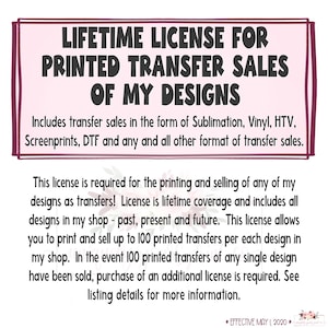 May include: A pink and white graphic with the text "LIFETIME LICENSE FOR PRINTED TRANSFER SALES OF MY DESIGNS." The text includes details about the license, including transfer sales, coverage, and limitations. The bottom right corner has the text "EFFECTIVE MAY 1, 2020."