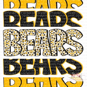 May include: A digital design featuring the words "DEADS BEARS" in a layered, stacked format. The letters are outlined in black and filled with a yellow and black leopard print pattern.
