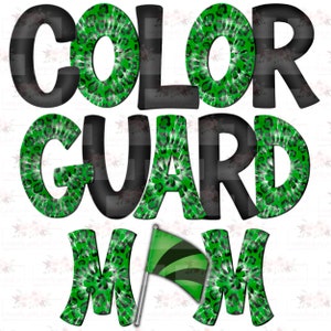 May include: A graphic design featuring the words "COLOR GUARD MOM" in a bold, stylized font. The letters are a mix of black and green, with the green letters displaying a tie-dye leopard print. A small flag graphic is included.