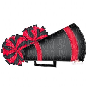 Black and Red Glitter megaphone & poms  Digital Design | Hand drawn | PNG | Sublimation | Digital Download | Cheer Spirit digital design