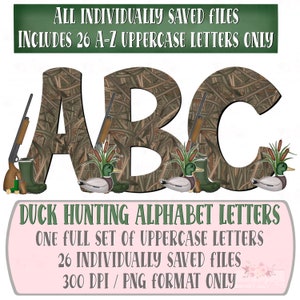 Conjunto de letras del alfabeto de caza de patos / letras de elementos 3D / letras de camuflaje / png / dibujado a mano / sublimación / descarga de diseño digital