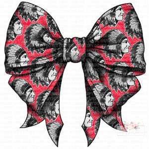 Op de afbeelding: Een rode strik met een zwart-wit patroon van Indiaanse hoofdtooien. De hoofdtooien zijn getekend in een vintage stijl.