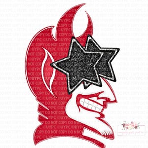 May include: A red and white graphic of a devil with two black glittery star-shaped sunglasses. The devil has a wide grin and is surrounded by flames. The image has the text "COPY DO NOT COPY DO" repeated throughout.