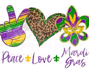 Peace  Fingers | Love Mardi Gras | Hand drawn | PNG | Sublimation | Digital Download | Masked Fleur de Lis | New Orleans | Fat Tuesday