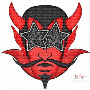 Puede incluir: Un diseño de cara de diablo con cuernos rojos, una cabeza negra y una cara roja. El diablo lleva gafas de sol en forma de estrella con una textura brillante. El diablo tiene bigote y perilla negros.