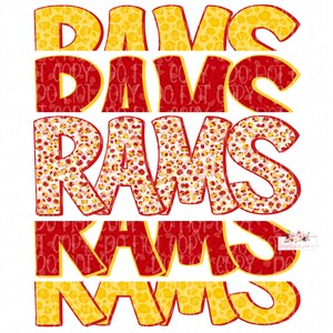 May include: A layered design with the word "RAMS" repeated in yellow and red with a leopard print pattern.