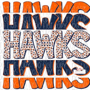 Hawks Digital Design | Navy Blue and Bright Orange Hawk Mascot | Stacked cheetah tie dye & leopard | Digital Download | Hand Drawn | PNG |