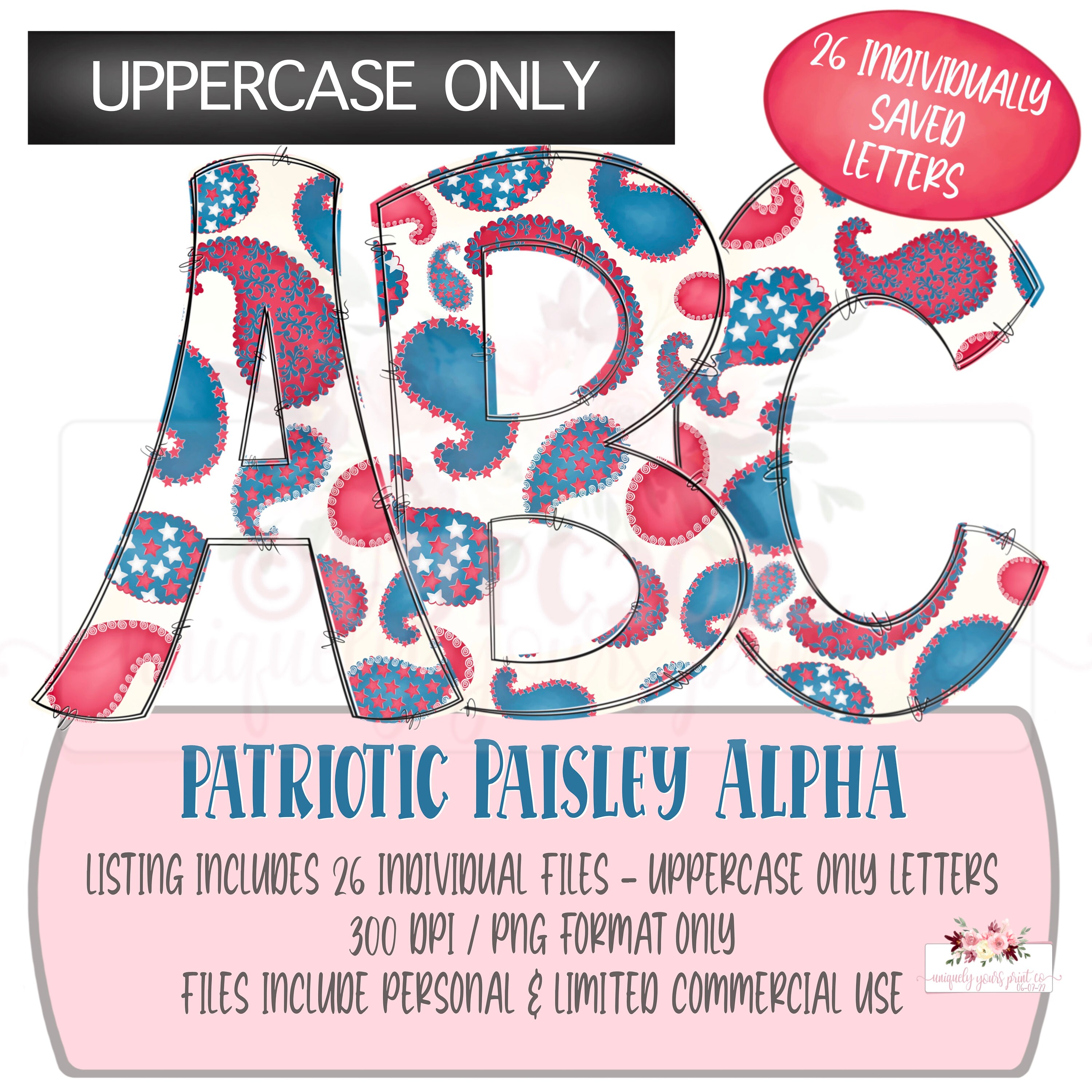 Patriotic Paisley Uppercase Alpha Set| 26 Individually saved files | png | hand drawn | sublimation | digital design download