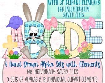 Easter Alpha Set with 3D add-on Elements | 148 Individually saved letters and images | png | hand drawn | sublimation | design download