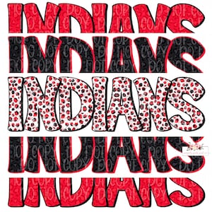 Indians Digital Design | School Mascot Clipart| Stacked cheetah tie dye leopard | instant Download | Hand Drawn | PNG | Red and Black