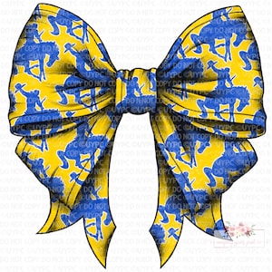 May include: A yellow and blue bow with a pattern of cowboys riding horses. The bow is tied in a classic shape with two loops and a center knot.