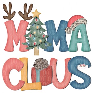 Mama Claus digital design | PNG | antlers gift Santa hat |Christmas Sublimation | Printable | Instant Download | Hand Drawn | leopard