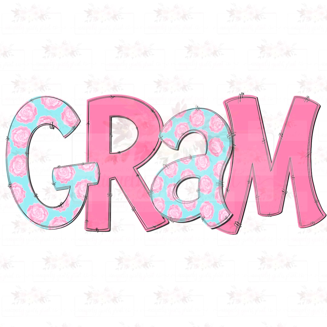 Gram Floral Doodle Png | Blue With Pink Roses | Hand Drawn | PNG ...