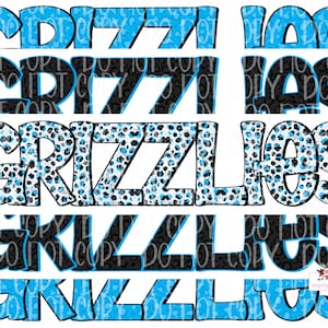 Grizzlies Mascot Digital Design | Stacked cheetah tie dye & leopard | Hand Drawn | PNG |  Blue Black Gray white Grizzlies