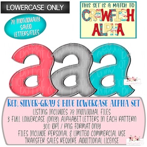 Red, Aqua & Silver-Gray Lowercase Add-On Pack for main Crawfish Alpha | 78 Individually saved files | hand drawn | digital design download