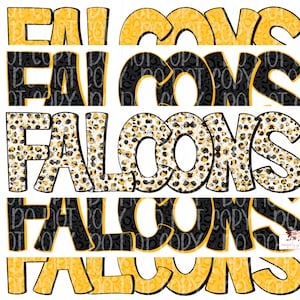 Falcons Digital Design | Falcon Mascot | Stacked cheetah tie dye & leopard | Digital Download | Hand Drawn | PNG | Gold and black