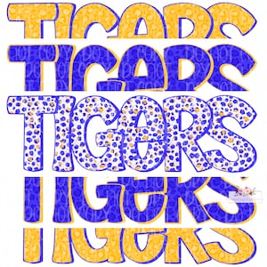 Tijgers digitaal ontwerp | Blauwe en gele gouden tijgers mascotte | Gestapelde cheetah tie-dye & luipaard | Digitale download | Handgetekend | PNG |