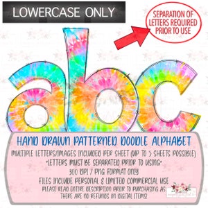 Tie dye doodle alphabet set | lowercase only letters | Hand drawn | PNG | Sublimation | Digital Design |