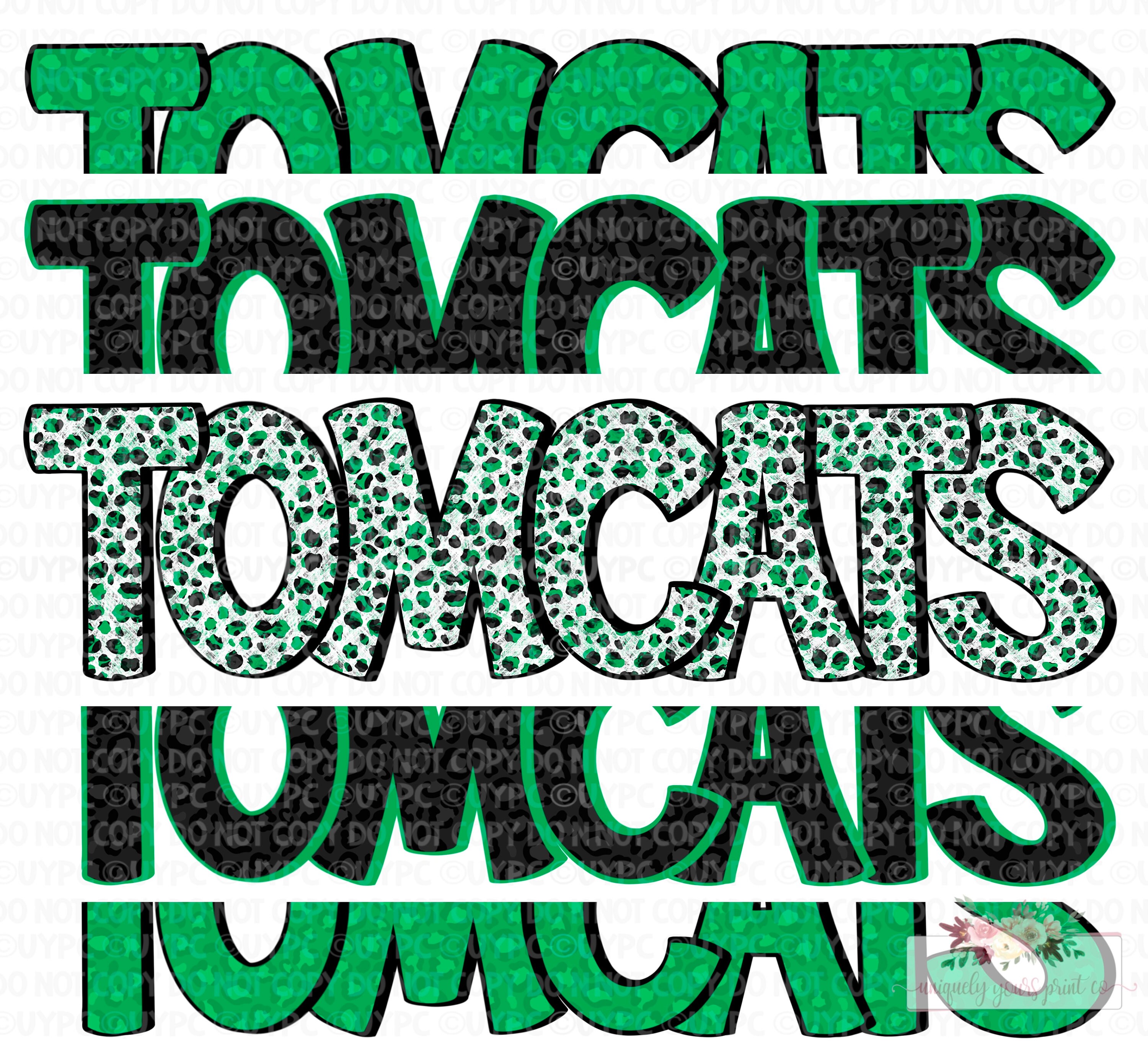 Green, Black & White Tomcats digital design | Hand drawn | Mascot Printable Stack | School Spirit | high school Mascot png